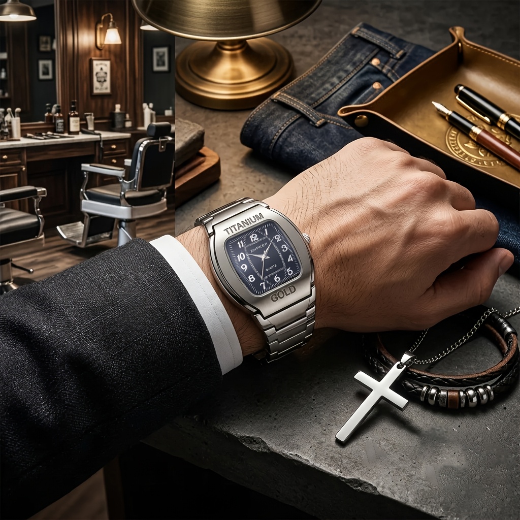 Men's 2pcs Luxury Watch & Necklace Set, Casual Style